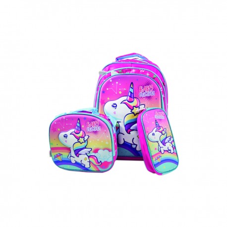 3 En 1 Mochila Colorera y Lonchera Escolar  con Luces Led Diseño Unicornio